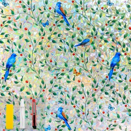 COUNTEWOL Colorful Bird and Floral Window Privacy Film Stained Glass Window Film Rainbow Window clings Non-Adhesive Reusable Decorative for Room (Green Vine Birds, 35.4 x157.4 in)