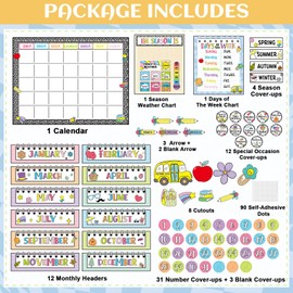 Classroom Calendar Bulletin Board Set for Back to School Bulletin Board Decoration Pencil Apple Seasons Weather Chart Composition Notebook Paper Cutouts for Teachers Elementary School Classroom