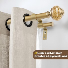 USFOOK 1 Inch Gold Double Curtain Rods 72 to 144 Inches (6-12 ft), Drapery Rods for Windows, Telescoping Dual Curtain Rod with Luxury Translucent Finials
