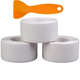 Caulk Tape Waterproof Self Adhesive, 3 Rolls White Caulking Sealant Strip for Kitchen, Countertop, Bathroom, Bathtub, Toilet Base, Floor Wall Edge Protector with Sealing Tool (1.5" x 10.5Ft)