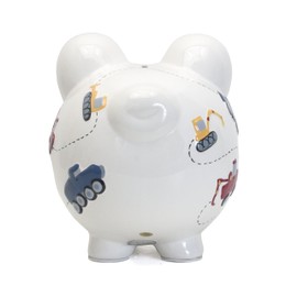 Child to Cherish Ceramic Piggy Bank for Boys, Construction Trucks, White