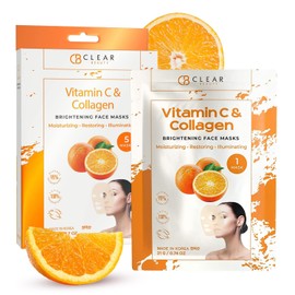 Clear Beauty Vitamin C & Collagen Face Mask - Dermatologist Tested, Diminishes Fine Lines & Wrinkles, Anti-Aging, Natural Ingredients Cruelty-Free Korean Skin Care, All Skin Types - 4 Pack