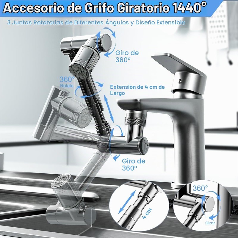 Extensión de grifo giratoria de 1440°, extensor aireador de grifo