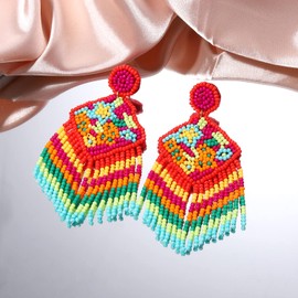 Long Beaded Tassel Earrings Multi-color Flower Fringe Drop Earrings for Women Mexico Fiesta Earrings Jewelry Gifts (Colorful)