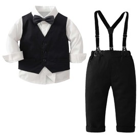 amokk Baby Boy Formal Wear Suits for 1st Birthday Bow Tie and Suspenders Christening Outfit Clothing Set for Party (Black, 3-4 T)