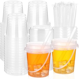 50 Sets Clear Plastic Drink Buckets with Lids Straws and Handles 24 oz Disposable Ice Cream Cups Cocktail Drinking Buckets for Outdoor Holiday Travel Beach Birthday Party Supplies