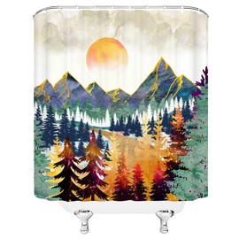 JEJOMEAG Abstract Mountain Shower Curtain Nature Watercolor Sunrise Sunset Landscape Colorful Forest Bathroom Curtain with Hooks,70''x70''