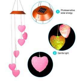 Loving Heart Solar Wind Chimes Outdoor Hanging - Waterproof Solar Powered LED Changing Lights Color Mobile Romantic Wind-Bell 6 Heart-Shaped Wind Chimes Gifts for Home, Party, Night Garden Decoration