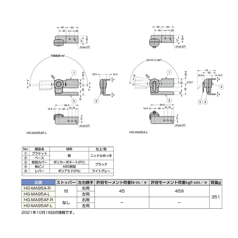 Sugatsune Industries (170043819) HG-MA95A-L Stopper Hinge HGMA95AL