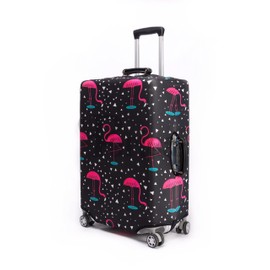 Periea Luggage Covers for Suitcases – Suitcase Cover – Premium Elasticated Material – Small, Medium, Large or Extra Large (Large, Black with Pink Flamingos)