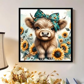 Diamond Art Painting Kits for Adults, Cow 5D Diamond Painting Dots Art Kits for Adults Beginner, DIY Highland Cow Full Round Gem Crystal Art Paint by Diamond, Home Wall Decor 12 x 12 in