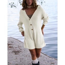 Yeokou Womens Knit Sweater Rompers Casual Long Sleeve Crewneck Button Down Maternity Shorts Jumpsuits(Beige-XS)