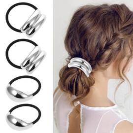 4 PCS Ponytail Cuff Silver Hair Cuffs 2 Styles Pony Cuff for Hair Metal Geometric Elastic Hairs Ties with Metal Piece Cuffs Wrap for Women Girls Thick Christmas Gifts