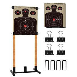 Koutemie Outdoor Shooting Target Stand with 10pcs 17x25 Inch Paper Targets, Heavy Duty Range Target Holder with Adjustable Base for Cardboard Silhouette, H Shape, Black