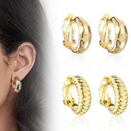 UAIAGM 2 Pairs 14K Gold Clip On Earrings Set for Women Comfortable Hoops Chunky Studs Ear Clips Tear Drop and Croissant Retro Design for Party Dinne Press On Earringspackage