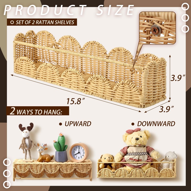 Pinkunn 4 Pcs Scalloped Rattan Wall Shelves Boho Floating Rattan