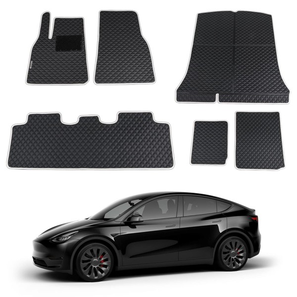 FITALLUS 6PCS Fit Tesla Model Y Floor Mats Rear Trunk Mat Cargo Liner Backrest Mats 2023-2020 5 Seat Tesla Model Y Accessories PU Leather Lightweight Waterproof All Weather Protect Car Interior
