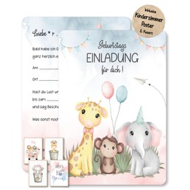 Pikaflor NEU 12 Einladungskarten mit Umschlägen & Kinderzimmer Poster Set für Kindergeburtstag & Party für Junge und Mädchen (Tiere - Dschungel) | Einladung für Kinder Geburtstag und Kinderparty