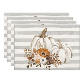 Fall Placemats Set of 4,12x18 Inch Stripes with Pumpkins Flowers Heat-Resistant Place Mats,Seasonal Autumn Table Decors for Farmhouse Kitchen Dining Thanksgiving Holiday Party