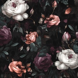 Laatse Dark Floral Peel and Stick Wallpaper, Vintage Floral Contact Paper, Waterproof Self Adhesive Boho Decor Black Rose Wall Paper for Bedroom Walls Bookcase Drawers 17.5in x 9.8ft