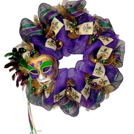 Mardi Gras Wreath Feather Venetian Mask Handmade Deco Mesh