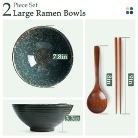 NUTRIUPS 8 Inch Ceramic Ramen Bowl Set of 2 Pho Bowls 40oz Japanese Noodle Udon Soup Bowls with Spoons and Chopsticks (Deep Ocean Green)