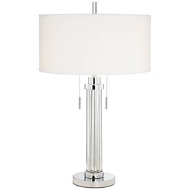 Cadence Modern Table Lamp Chrome Silver Glass Column White Drum Shade for Living Room Family Bedroom Bedside Office - Possini Euro Design