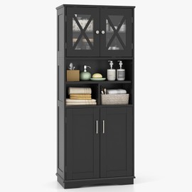 Tangkula Tall Bathroom Cabinet, Modern Kitchen Cupboard Pantry with Adjustable Shelves, 2 Acrylic Doors & 3 Open Cubes, Large Floor Storage Cabinet for Bathroom Living Room (23.5 x 12 x 57 Inch,Black)