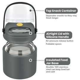 2-In-1 Soup Thermo for Hot Food Kids, 15 Oz Insulated Food Container and 2 Snack Boxes, Wide Mouth, Leak Proof, Stainless Steel Spoon, Dishwasher Safe Food Thermo Set for School, Work, Travel, Gray