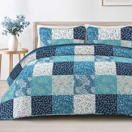 Exclusivo Mezcla Reversible Boho Quilt Set King Size, 3 Pieces Patchwork Navy Blue All Season Bedspreads, Ultra Soft Floral Coverlet Bedding Set with Printed Pattern (1 Quilt, 2 Pillow Shams)