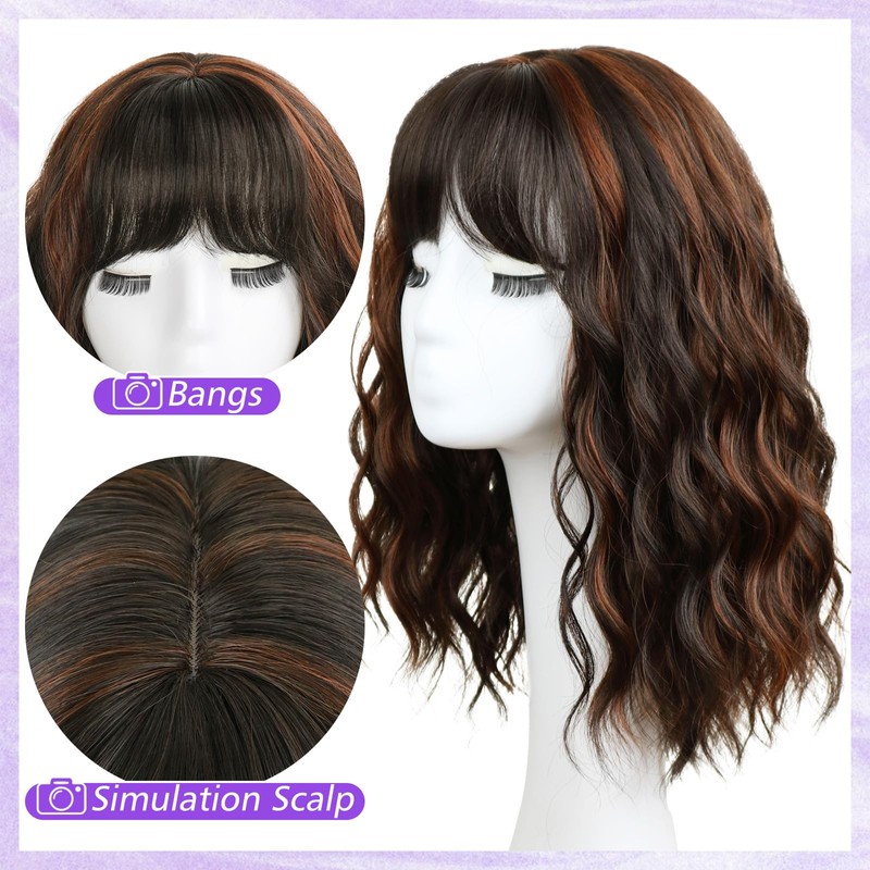 Short Wavy Wig with Bangs for Women Shoulder Length Brown