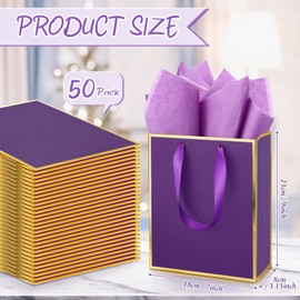 Yeaqee 50 Pack Metallic Paper Gift Bags with Handle and Tissue Paper Wedding Thank You Favor Bag Holiday Bag Bridesmaid 5 Senses Gift Bags for Her Him Birthday 9 x 7 x 3.15''(Purple and Gold)