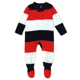Honestbaby Baby Celebration Sleep & Play Footed One-Piece Pajama Sleeper 100% Organic Cotton, Bold Stripe Red White Blu, 6-9 Months