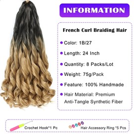 French Curly Braiding Hair 8 Packs Loose Wavy Braiding Hair Pre Stretched Bouncy Synthetic French Curl Braiding Hair Extensions for Women (1B/27#, 24 Inch)