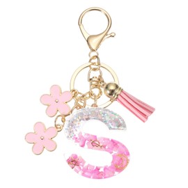 PATIKIL Alphabet Initial Letter Keychain, Resin Cute Keychains with Tassel Flowers Letter S Pendant Charm for Women Key Purse Handbag Bag Accessories, Pink