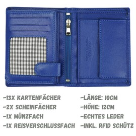 Manza Men's Leather Wallet with RFID Protection - Genuine Leather Wallet for Men - Extra Sturdy Double Stitching - 13 Slots for Credit Cards - Wallet in Portrait Format, blue, Portrait