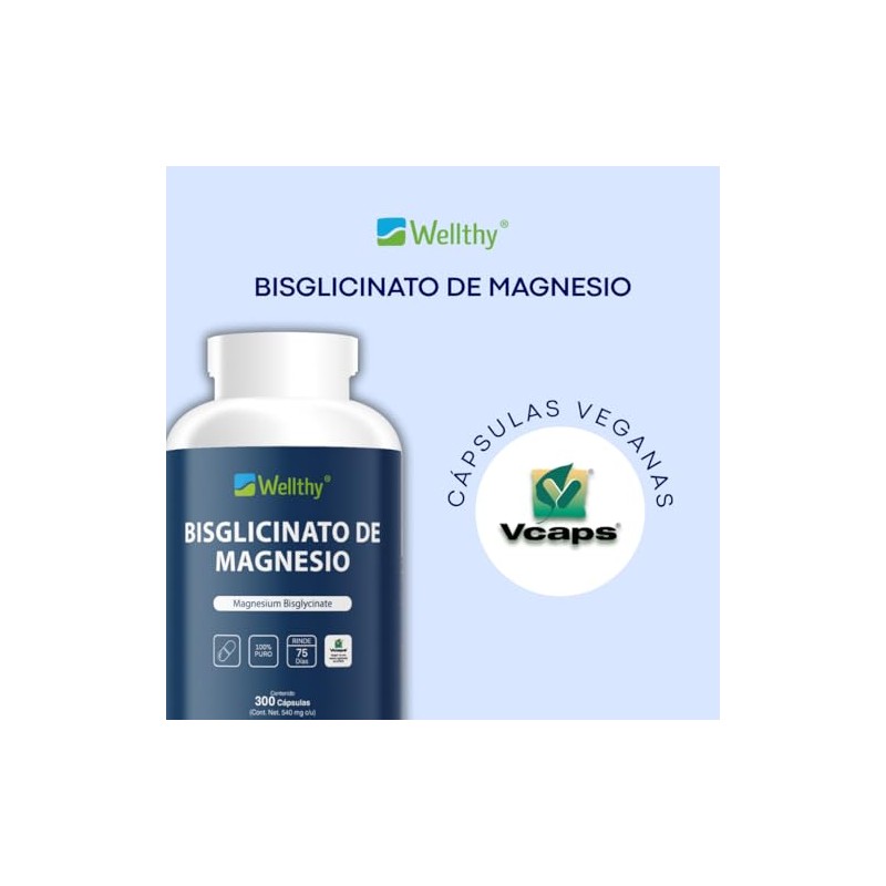 Wellthy Bisglicinato Magnesio 300 Cápsulas 432mg 100 Natural Alta Absorción