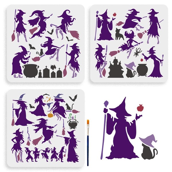 MAYJOYDIY 3pcs Witch Stencils 11.8×11.8inch Witch on a Broom Stencil