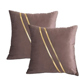 Gyulin Pack of 2,18x18 Inch Velvet Boho Throw Pillow Covers with Gold Leather Striped Stitching Modern Minimalist Square Pillowcase Cushion Covers for Bedroom Sofa Couch Living Room, Brown