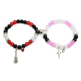 Matching Bracelet for Couple Women Men Dainty Guitar Crown Bracelet Heart Stone Pink Green Beads Bracelets Friendship (Red+Pink)