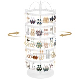 LASZOLA 5 Tier White Earring Holder Organizer Tree Women Display Storage for Stud and Hoop, Large Cool Rotating Clip Stand for Pierced and Dangle Earring, Vertical Metal Tower Carousel with 220 Holes