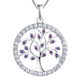 YL Women's Tree of Life Pendant with Chain, 925 Sterling Silver, Simulated Emerald/Cubic Zirconia Necklace for Women/Girls/Mother, Chain Length: 45 - 48 cm, 925 Sterling Silver, purple/white