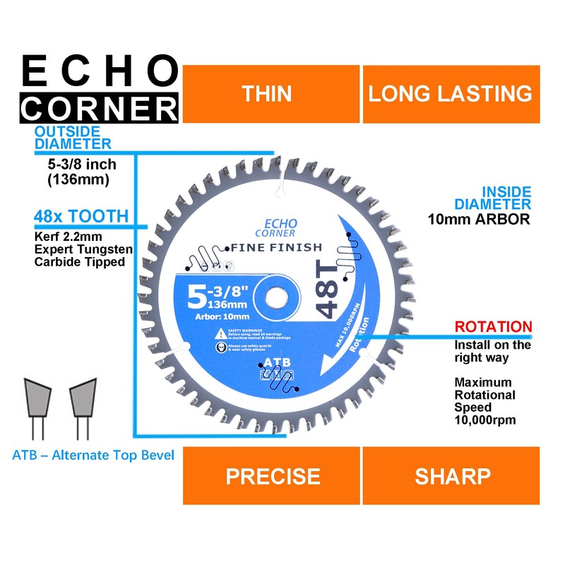 Echo Corner 5-3/8 Inch (10mm Arbor) 48Tooth Circular Saw Blades,