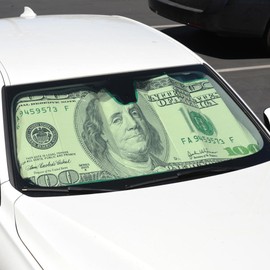 Hundred Dollar Bill Benjamin Franklin Front Windshield Sun Shade - Accordion Folding Auto Sunshade for Car Truck SUV - Blocks UV Rays Sun Visor Protector - Keeps Your Vehicle Cool - 58 x 27 Inch