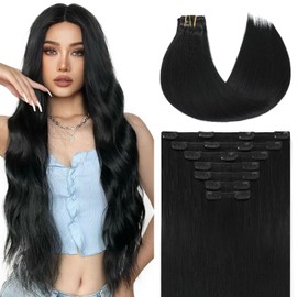 Youngsmile Clip in Hair Extensions #1 Jet Black Natural Remy Double Drawn Human Hair Balayage Invisible Real Straight Hair Extensions for Women 22 inch 140 Gram 7pcs(7PC#1-22)