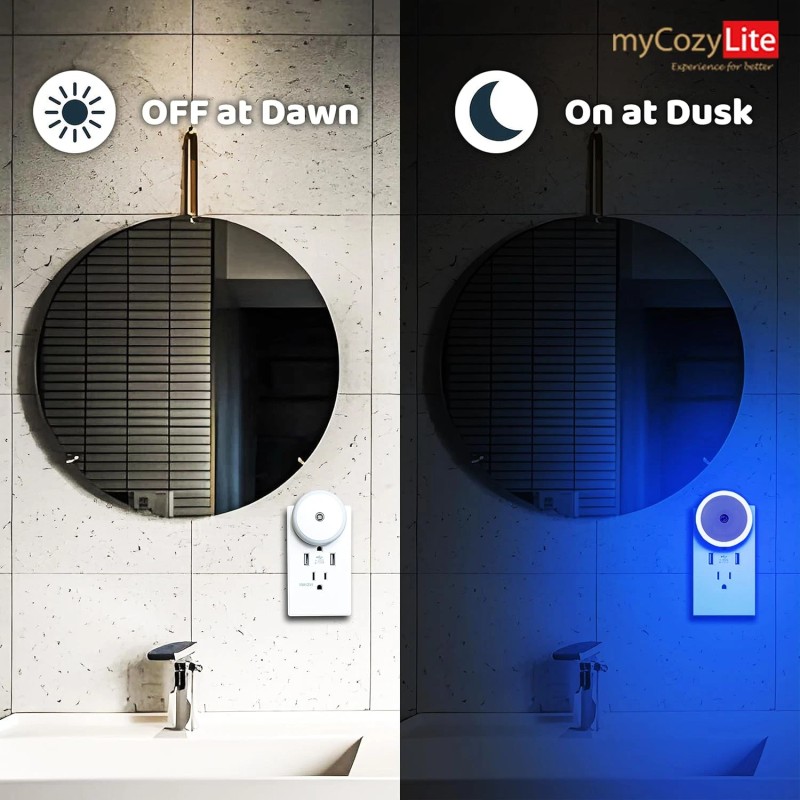 myCozyLite 2-Pack Blue LED Night Light Plug-In, Dusk-to-Dawn Sensor, Compact