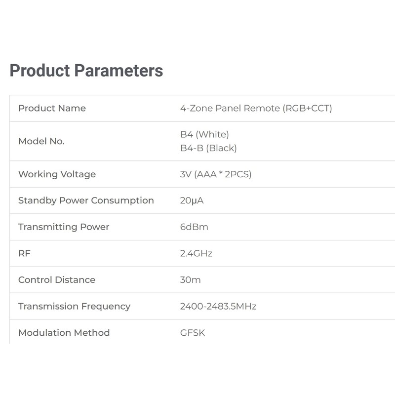 B4 4-Zone Panel Remote RGB+CCT Battery Powered Free Installation Without