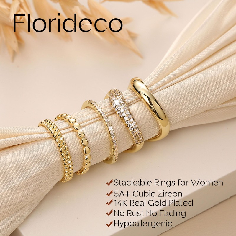 Florideco Stackable Rings for Women Non Tarnish 14K Gold Plated