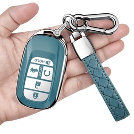 Sindeda for Honda Key fob Cover with Leather Keychain Soft TPU Full Cover Protection,for 2022 2023 2024 Civic Accord HR-V Pilot CR-V,5 Buttons Key Fob Shell(Storm Blue)