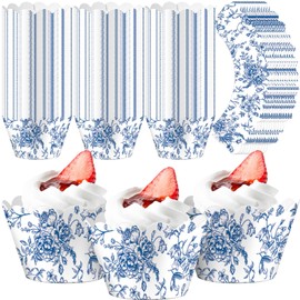 Domensi 100 Pcs Blue Floral Cupcake Wrappers Rustic Cupcake Liners Baking Cups Baking Liners for Wedding Bridal Baby Shower Birthday Party Supplies Dessert Decoration, Blue